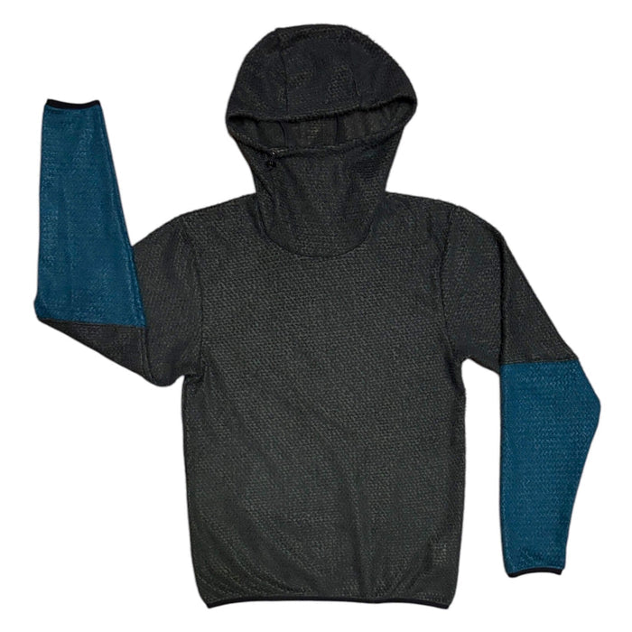 Sambob Alpha 90 Hoodie in charcoal with teal blue forearm panels – flat-lay front view, hood raised