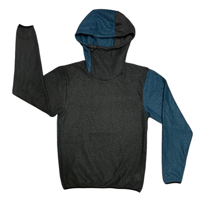 Sambob Alpha 90 Hoodie in black with a teal blue hood panel and one blue sleeve – flat-lay front view
