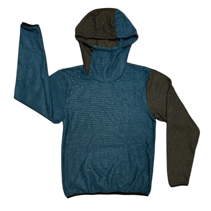 Sambob Alpha 90 Hoodie with teal blue body, olive hood panel and one olive sleeve – flat-lay front view