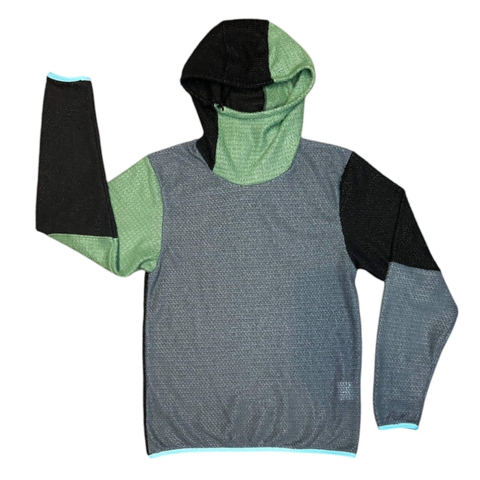 Sambob Alpha 90 Hoodie in grey with black sleeves, sage green shoulder panels and pale blue trim – flat-lay
