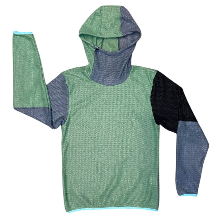 Sambob Alpha 90 Hoodie in sage green with grey hood panel and grey-and-black sleeves – flat-lay front view