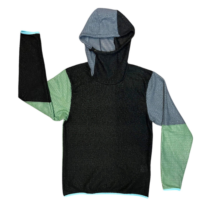 Sambob Alpha 90 Hoodie in black with grey hood, sage green shoulder and forearm panels – flat-lay