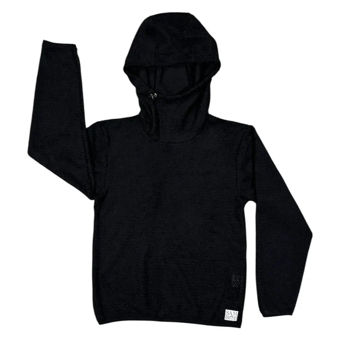 Sambob Alpha 90 Hoodie in solid black – flat-lay front view, hood raised with collar toggle