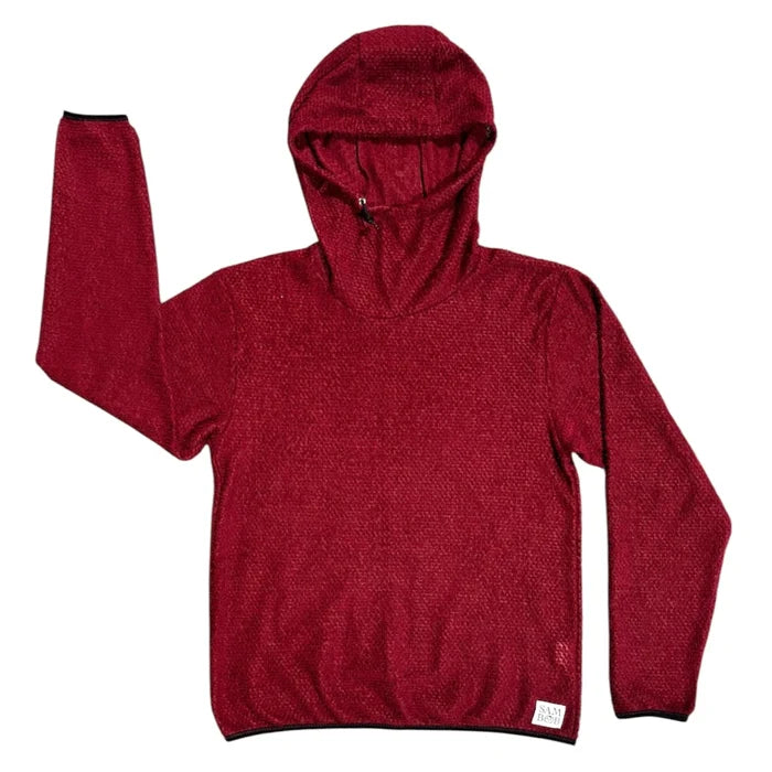 Sambob Alpha 90 Hoodie in burgundy with black cuff and hem trim – flat-lay front view, hood raised