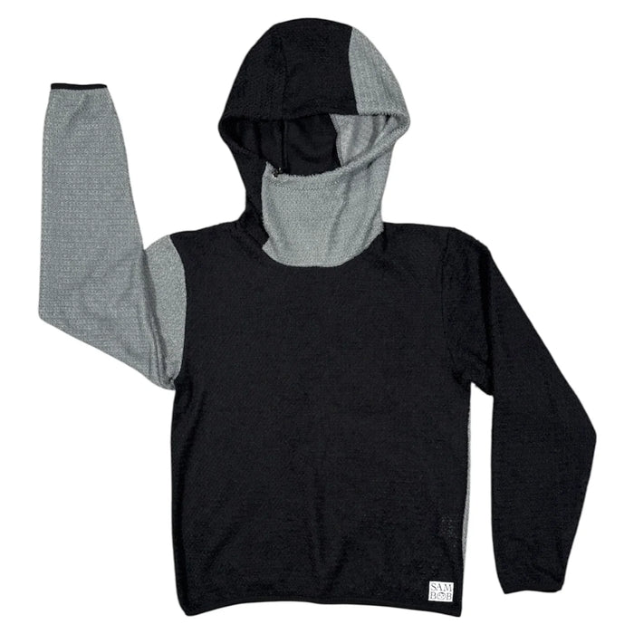 Sambob Alpha 90 Hoodie in Black/Flint – flat-lay front view, grey hood panel and one grey sleeve