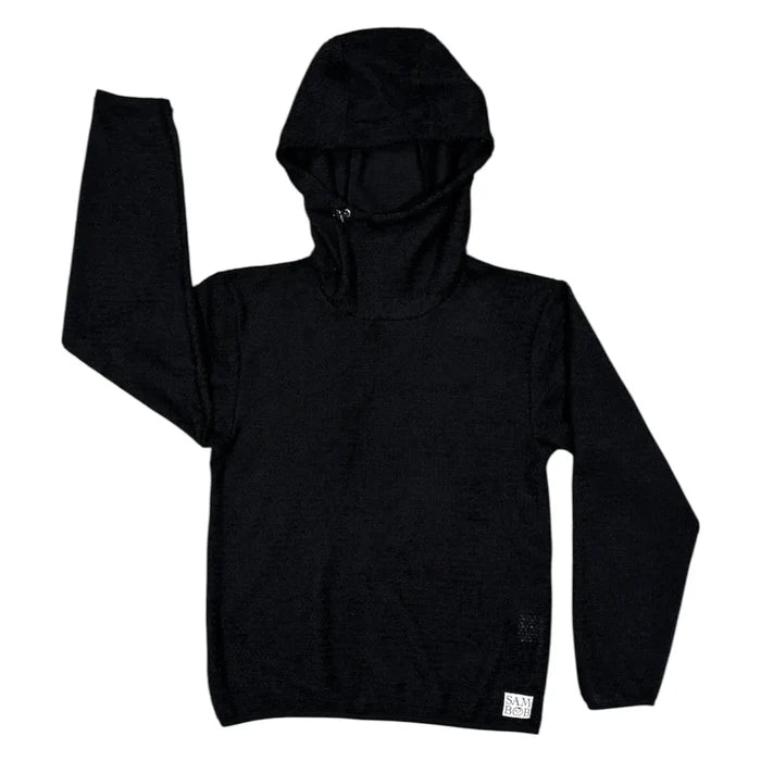 Sambob Alpha 90 Hoodie in all black – flat-lay front view, hood raised with collar toggle