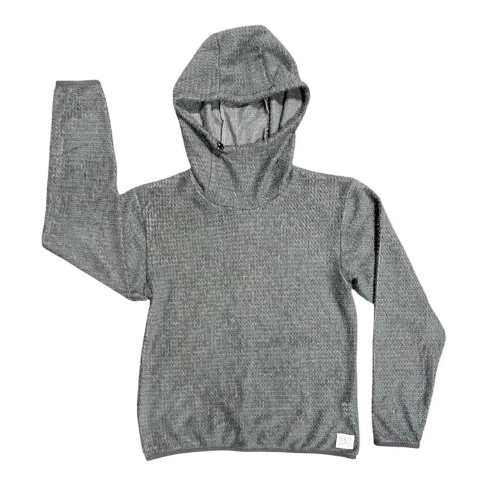 Sambob Alpha 90 Hoodie in Flint grey – flat-lay front view, hood raised, grid-textured fleece