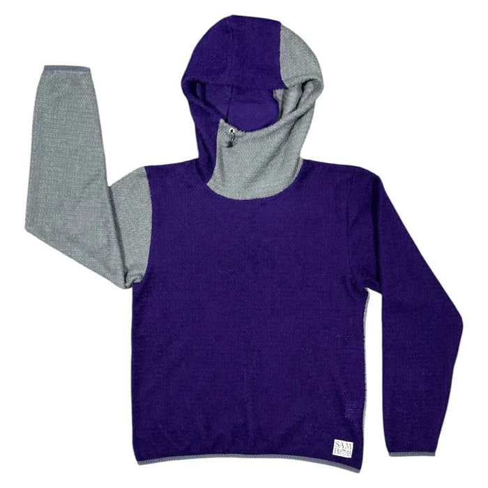 Sambob Alpha 90 Hoodie in Grape/Slate – flat-lay, purple body with grey sleeve and hood panel