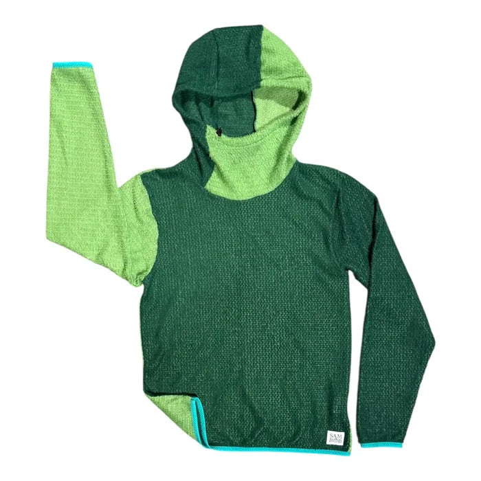 Sambob Alpha 90 Hoodie in Arbor/Fern – flat-lay, dark green body, light green sleeve, teal hem trim