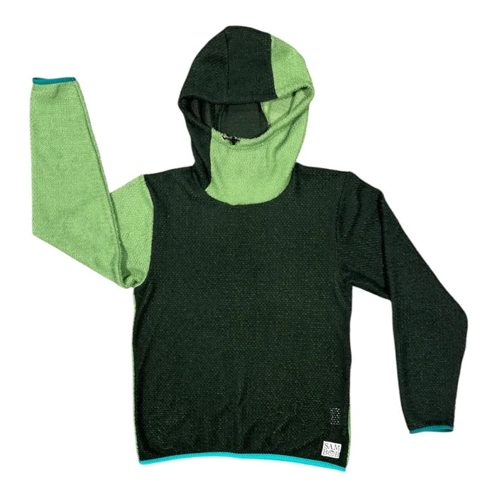 Sambob Alpha 90 Hoodie in Spruce/Fern – flat-lay, near-black green body with light green sleeve