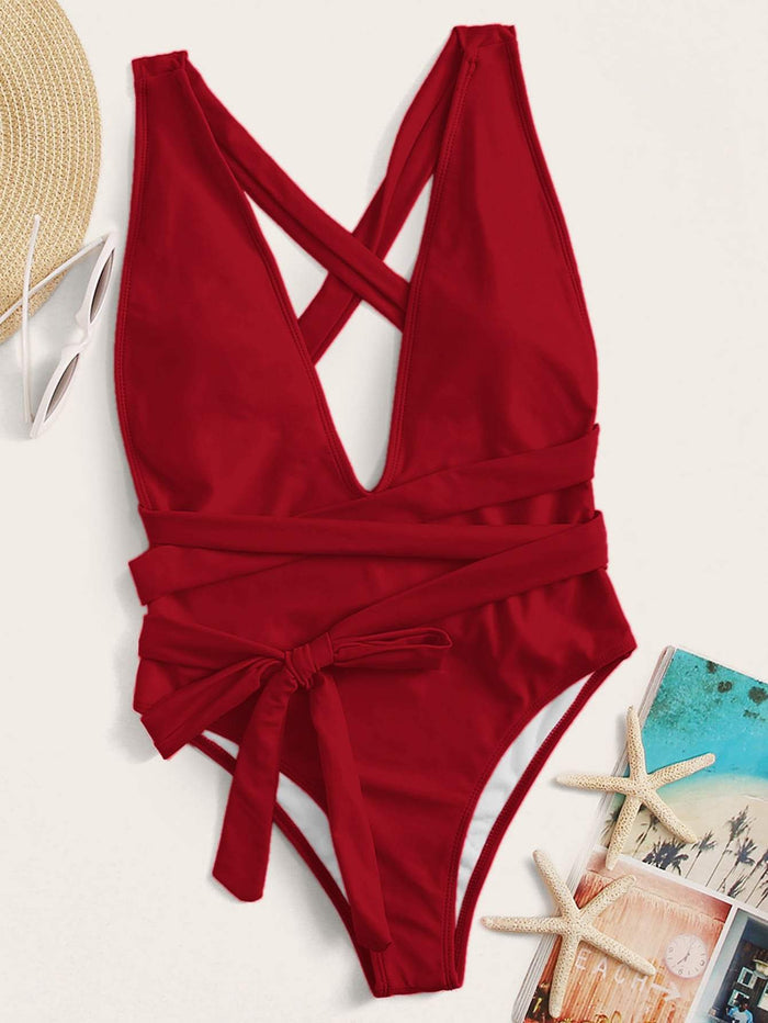Self Tie Plunging One Piece Swimsuit - shop.livefree.co.uk