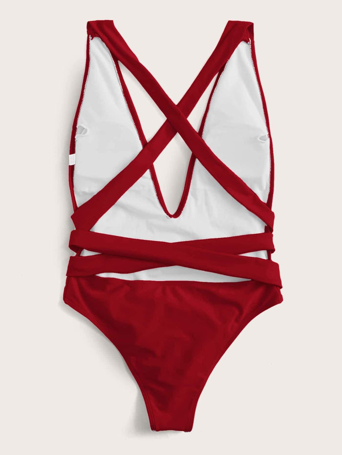 Self Tie Plunging One Piece Swimsuit - shop.livefree.co.uk