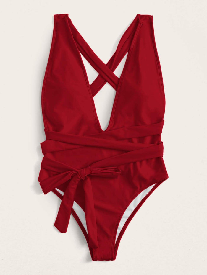 Self Tie Plunging One Piece Swimsuit - shop.livefree.co.uk
