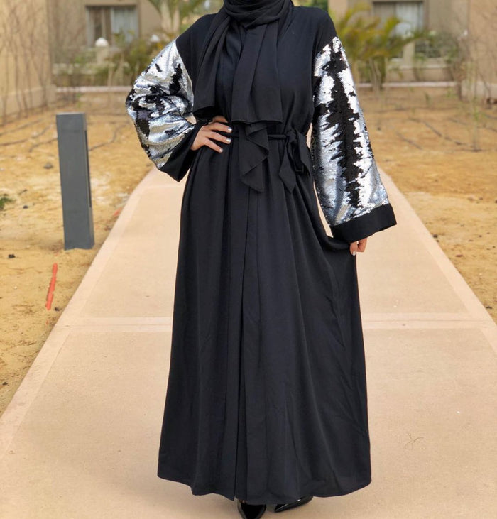 Sequins sleeves open abaya with belt. - Livefree