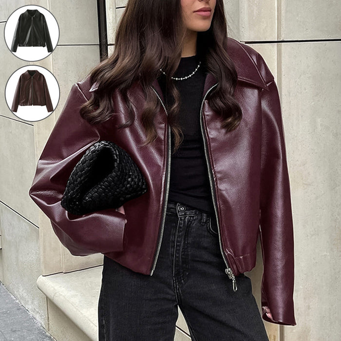 Solid Color Lapel Zipper Jacket Fashion Casual Long Sleeve Leather Coat Tops Women Clothing - Livefree