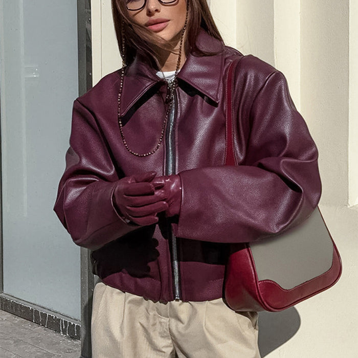 Solid Color Lapel Zipper Jacket Fashion Casual Long Sleeve Leather Coat Tops Women Clothing - Livefree