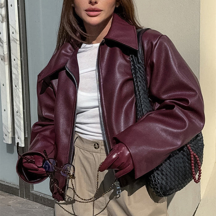 Solid Color Lapel Zipper Jacket Fashion Casual Long Sleeve Leather Coat Tops Women Clothing - Livefree