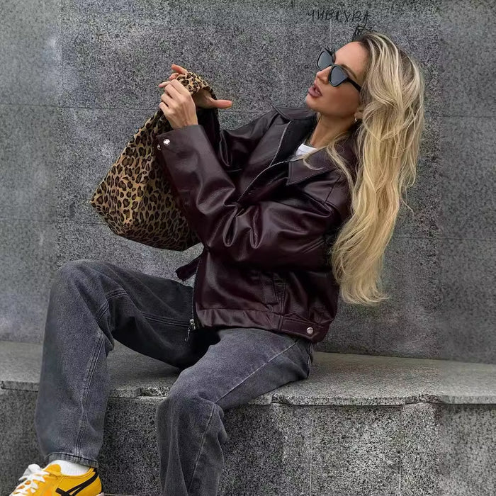 Solid Color Lapel Zipper Jacket Fashion Casual Long Sleeve Leather Coat Tops Women Clothing - Livefree