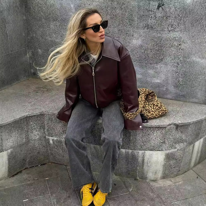 Solid Color Lapel Zipper Jacket Fashion Casual Long Sleeve Leather Coat Tops Women Clothing - Livefree