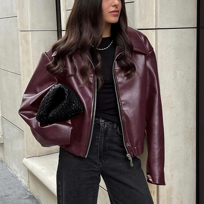 Solid Color Lapel Zipper Jacket Fashion Casual Long Sleeve Leather Coat Tops Women Clothing - Livefree