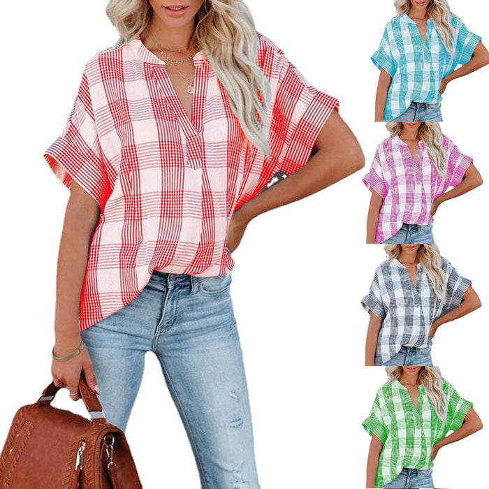 Spring And Summer New Plaid Short Sleeved Shirt Printing V Neck Loose Casual Top For Women - Livefree