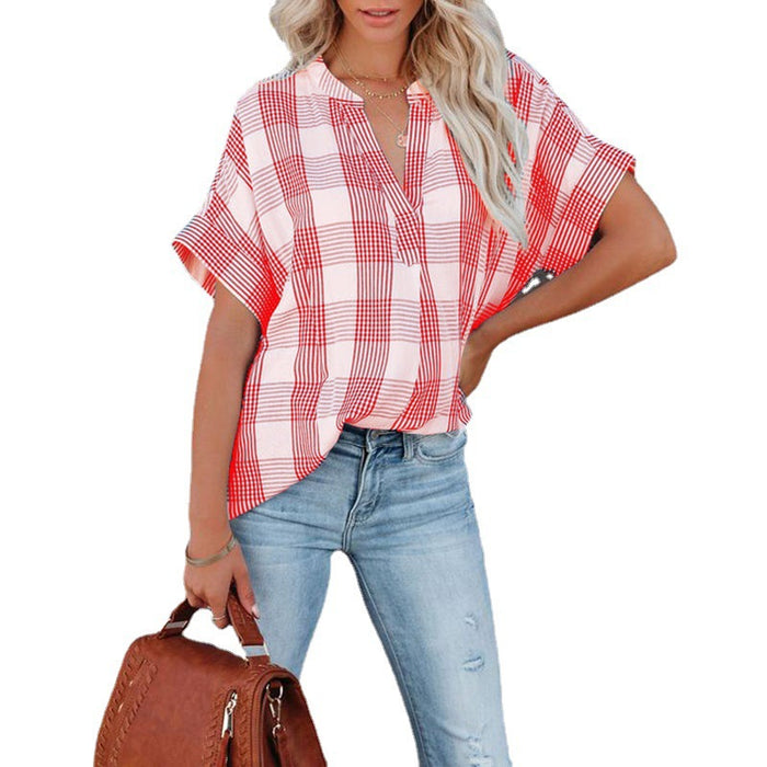 Spring And Summer New Plaid Short Sleeved Shirt Printing V Neck Loose Casual Top For Women - Livefree
