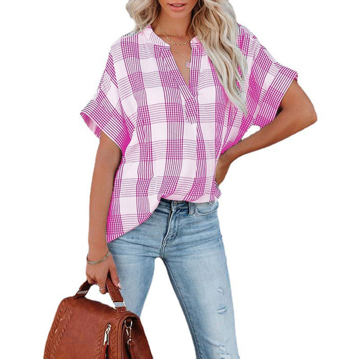 Spring And Summer New Plaid Short Sleeved Shirt Printing V Neck Loose Casual Top For Women - Livefree