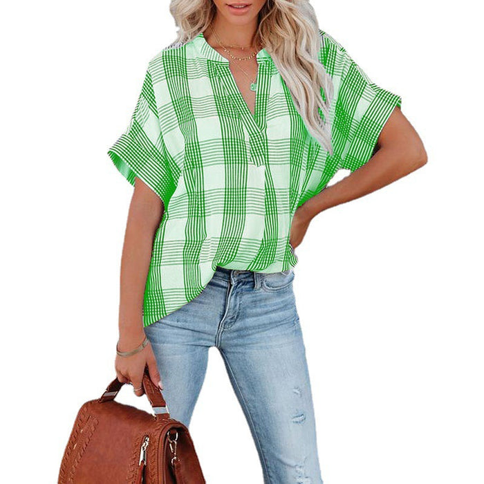Spring And Summer New Plaid Short Sleeved Shirt Printing V Neck Loose Casual Top For Women - Livefree