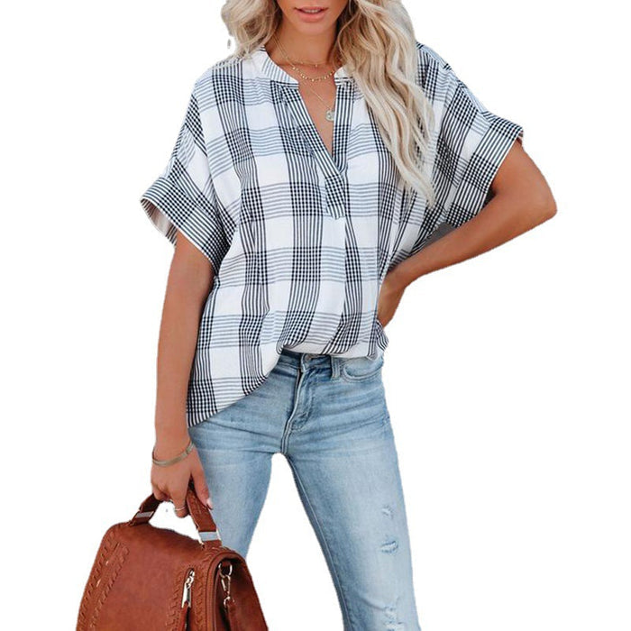 Spring And Summer New Plaid Short Sleeved Shirt Printing V Neck Loose Casual Top For Women - Livefree