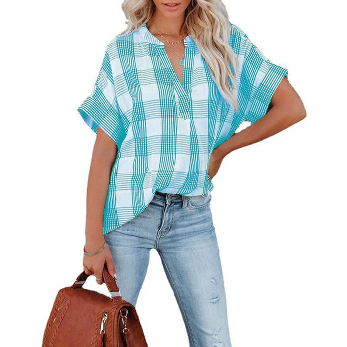 Spring And Summer New Plaid Short Sleeved Shirt Printing V Neck Loose Casual Top For Women - Livefree