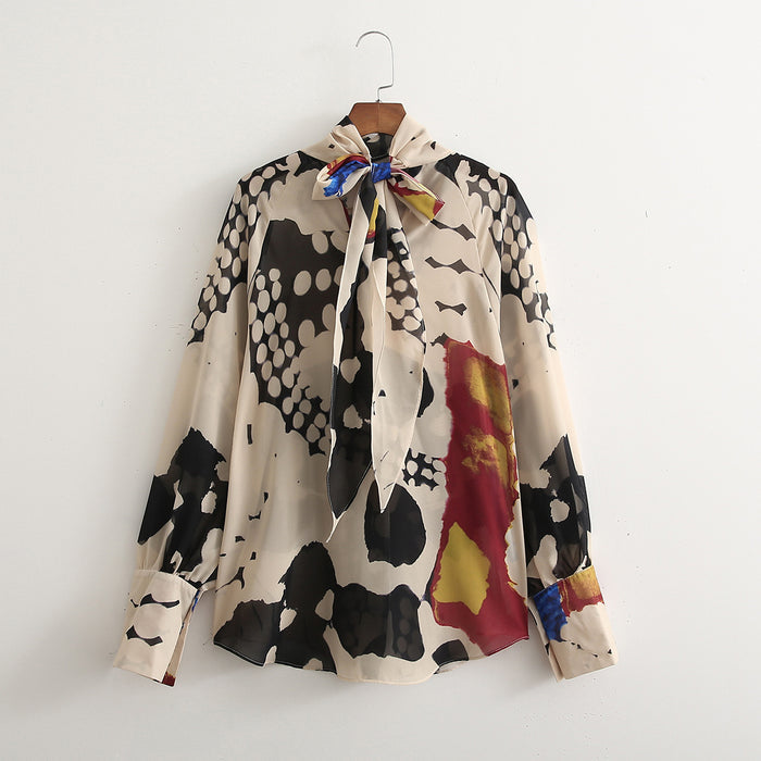 Spring New Women's Fashion Casual Holiday Long Sleeve Bowknot Print Shirt - Livefree