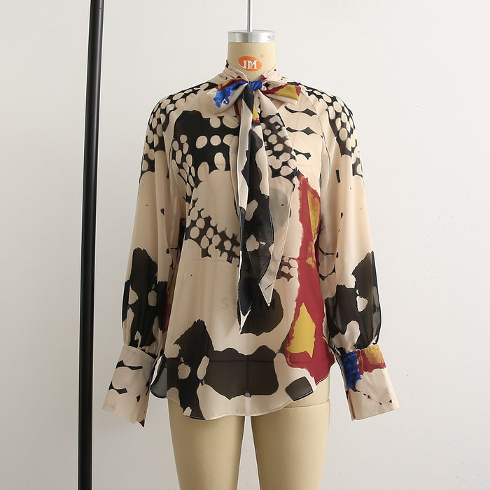 Spring New Women's Fashion Casual Holiday Long Sleeve Bowknot Print Shirt - Livefree