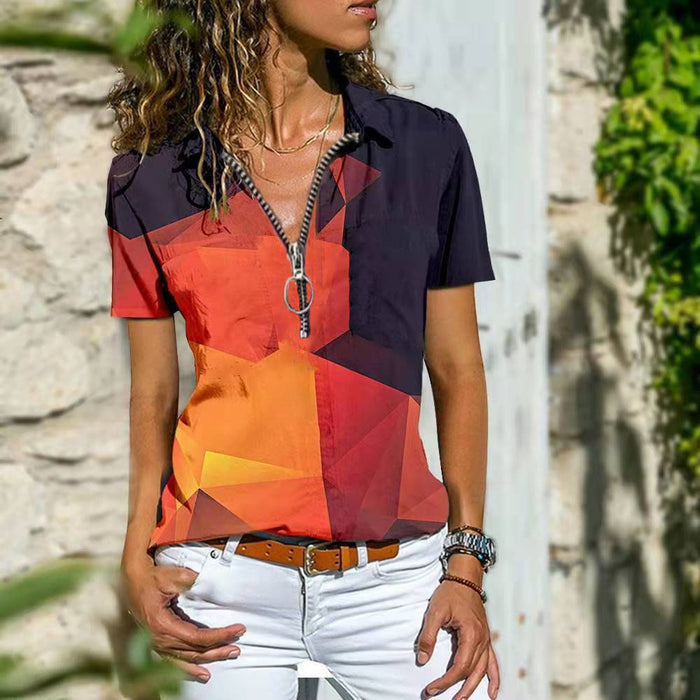 Spring Summer Bohemian Western Ethnic Style Zipper Top Short Sleeved T-Shirt Women - Livefree