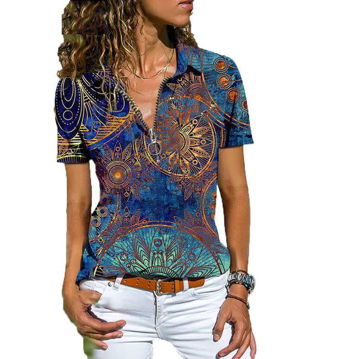 Spring Summer Bohemian Western Ethnic Style Zipper Top Short Sleeved T-Shirt Women - Livefree