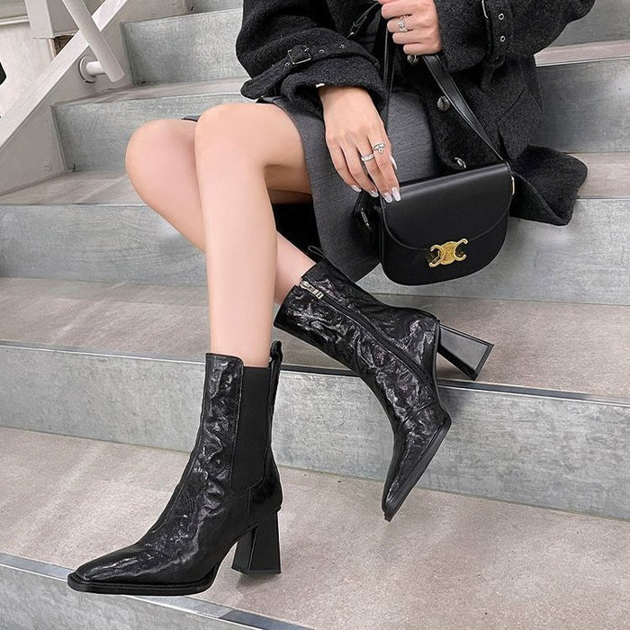 Square Head Boots With Chunky Heels Women - Livefree