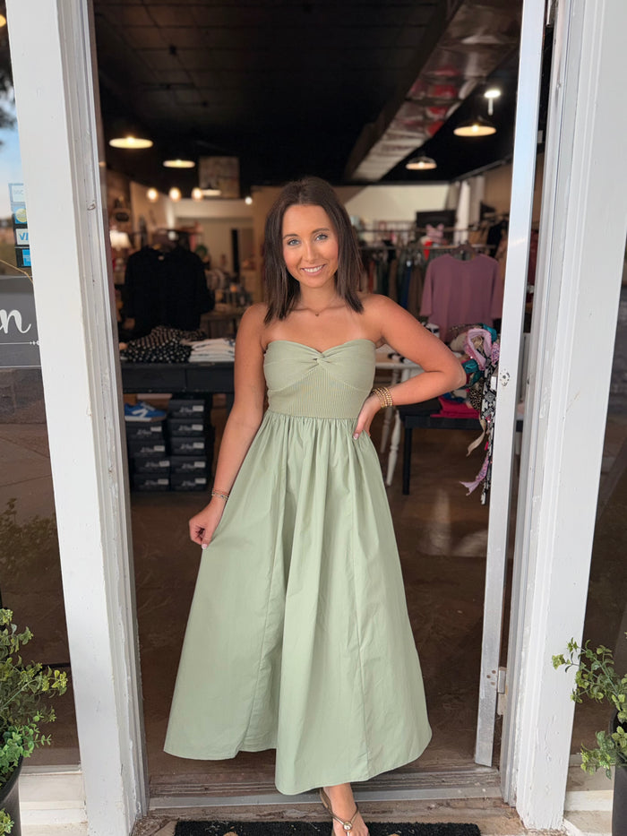Strapless Twist Olive Dress