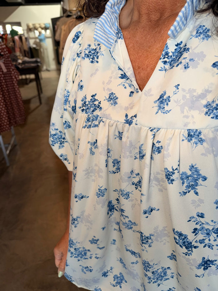Stripe Collar Floral Blouse