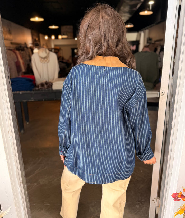 Stripe Corduroy Collar Denim Shacket