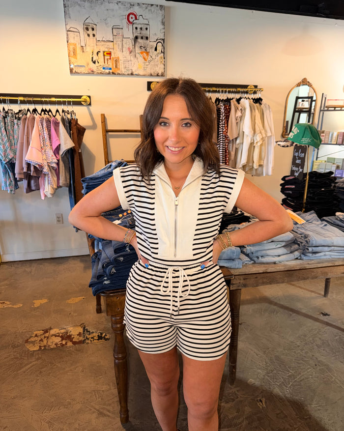 Stripe Zip Drawstring Romper