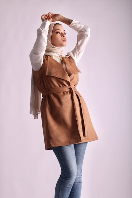Suede Camel Belted Vest - Livefree
