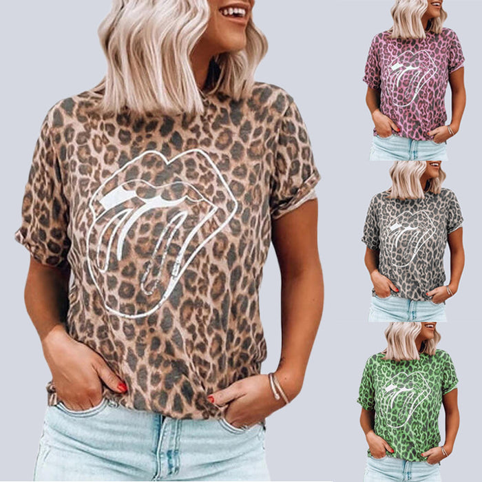 Summer New Women's Tops Leopard Lip Print Round Neck Short Sleeve T-Shirt - Livefree
