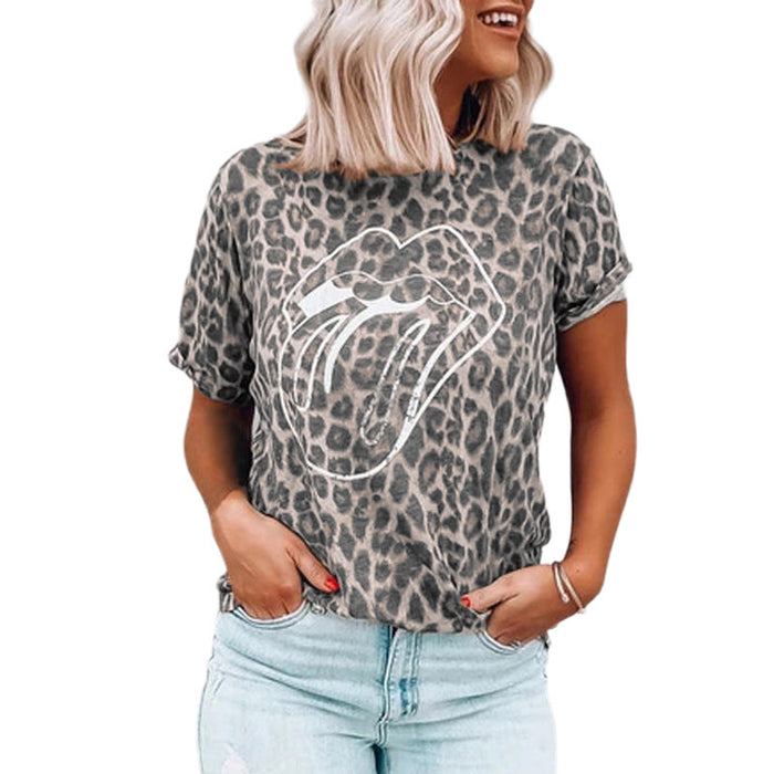 Summer New Women's Tops Leopard Lip Print Round Neck Short Sleeve T-Shirt - Livefree