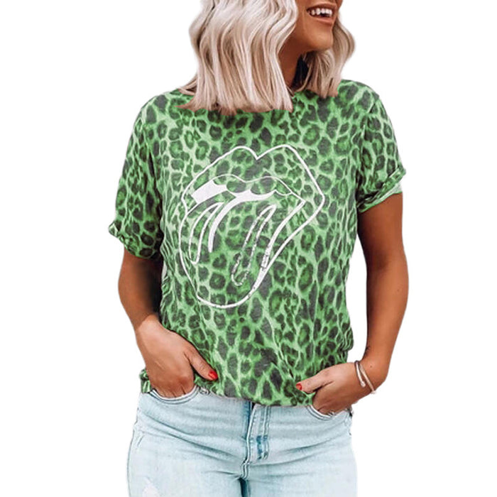 Summer New Women's Tops Leopard Lip Print Round Neck Short Sleeve T-Shirt - Livefree