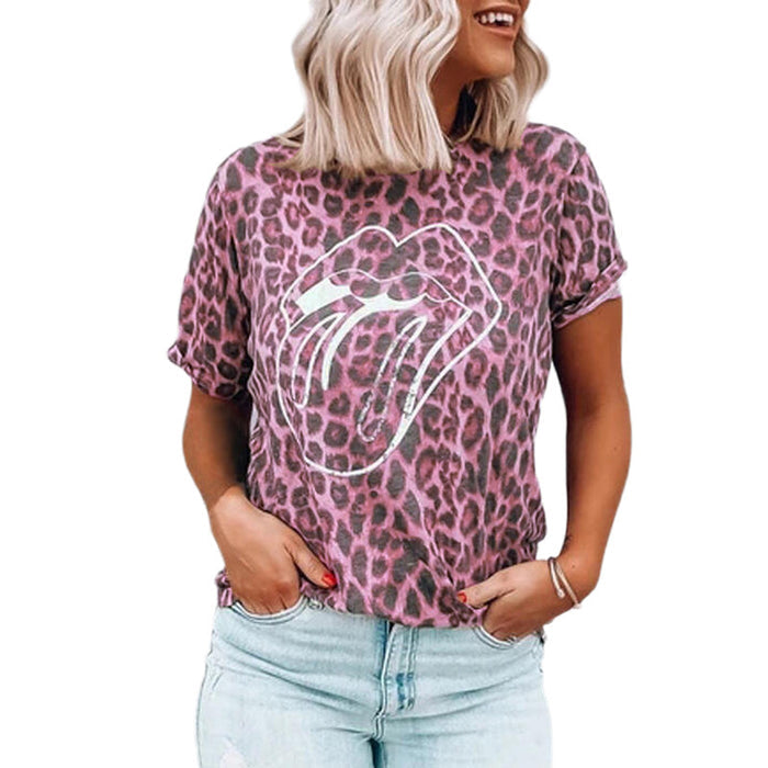 Summer New Women's Tops Leopard Lip Print Round Neck Short Sleeve T-Shirt - Livefree