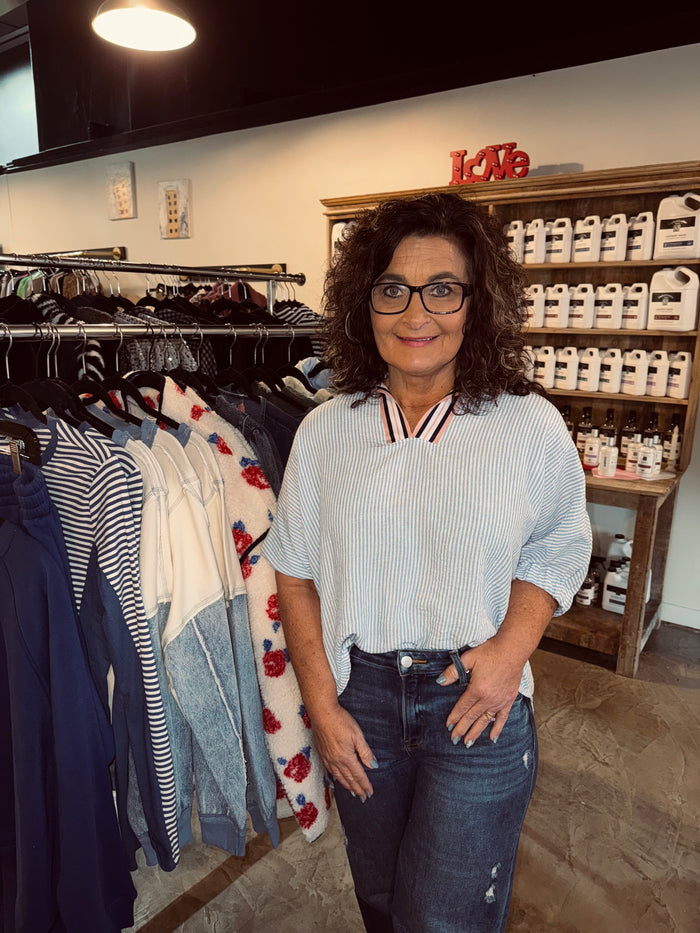 Taped Collar Mix Stripe Blouse