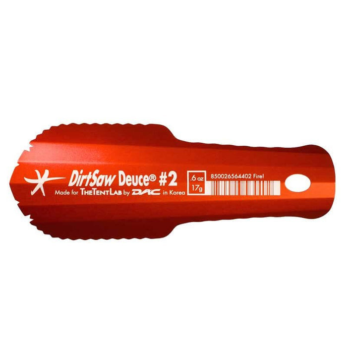 TheTentLab DirtSaw Deuce #2 trowel in fire red, top view showing serrated scoop