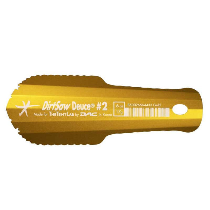 TheTentLab DirtSaw Deuce #2 trowel in gold, top view showing serrated scoop