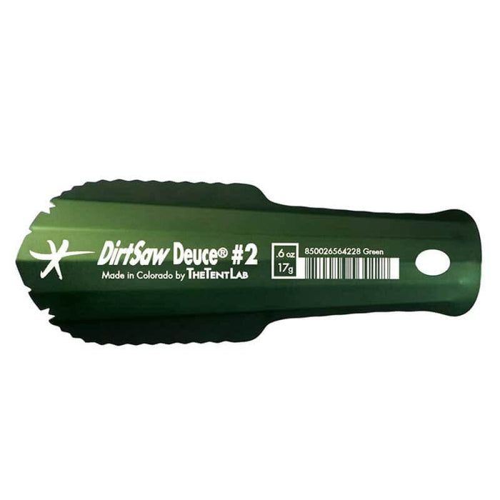 TheTentLab DirtSaw Deuce #2 trowel in green, top view showing serrated scoop