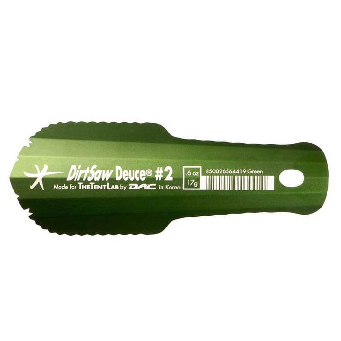 TheTentLab DirtSaw Deuce #2 trowel in green, top view showing serrated scoop