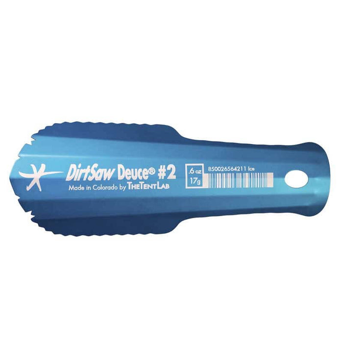 TheTentLab DirtSaw Deuce #2 trowel in ice blue, top view showing serrated scoop